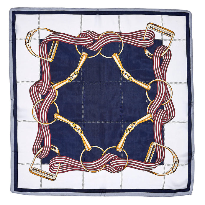 Silky Scarf - Ivory/Navy Bits & Stirrups 28"x28"