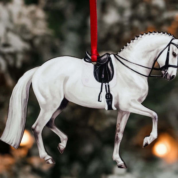 Classy Equine Christmas Ornament - Dressage  White / Grey