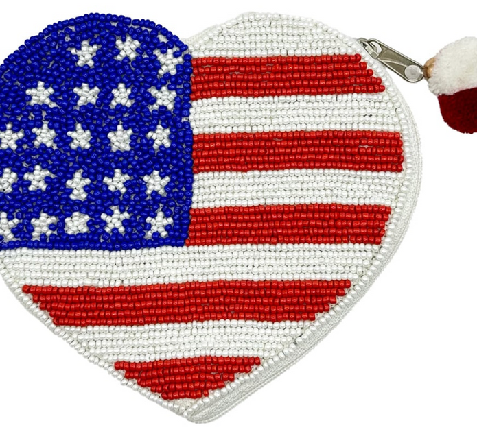 Le Chic American Flag Heart Beaded Coin Pouch