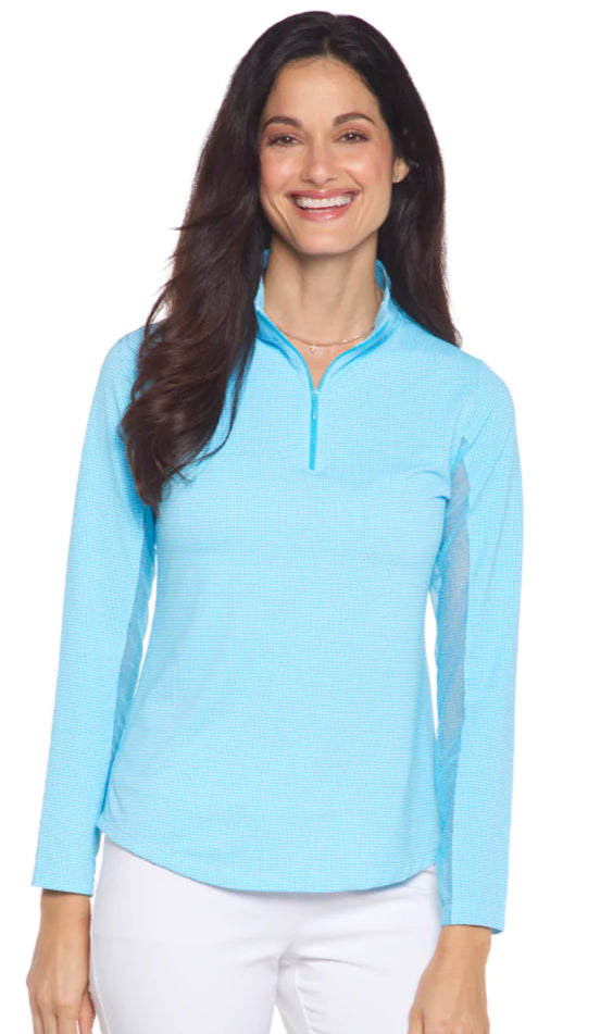 IBKUL Mini Check Long Sleeved 1/4 Zip - Turquoise