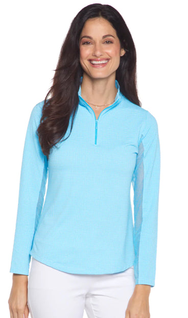 IBKUL Mini Check Long Sleeved 1/4 Zip - Turquoise