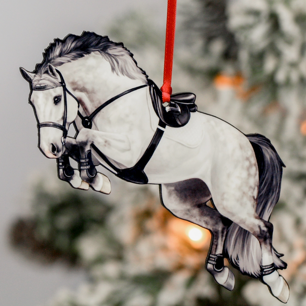 Classy Equine Christmas Ornament - Grey Jumping Horse
